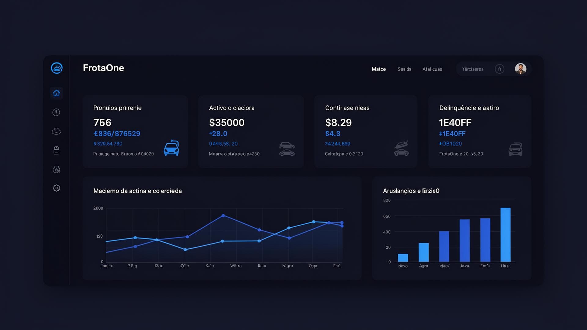 Dashboard do FrotaOne com indicadores de frota, contratos e financeiro